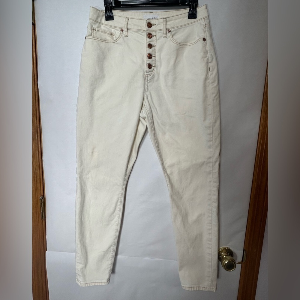 LOFT Curvy High Waist Skinny Ankle Cream Denim Button Front Closure Pant Size 8